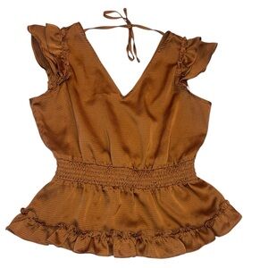 Ryegrass Burnt Orange Ruffle Peplum Satin Top Sz XS